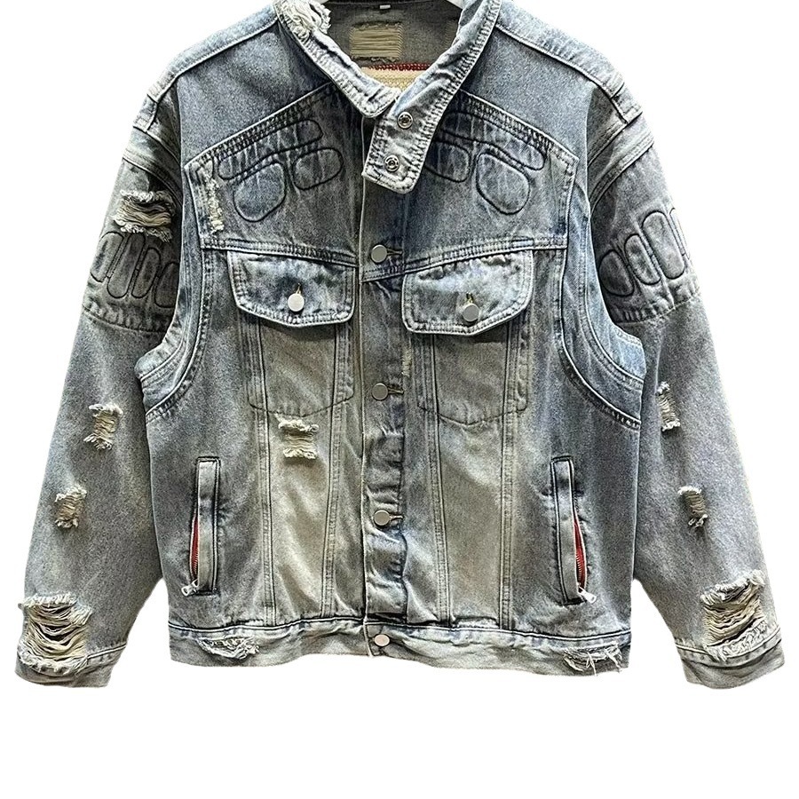 Men's Clothing Spring and Autumn New Slim Fit Ripped Denim Jacket Non Stretch Denim Jacket Top Lapel Jacket Retro Denim Clothes_voghion.com