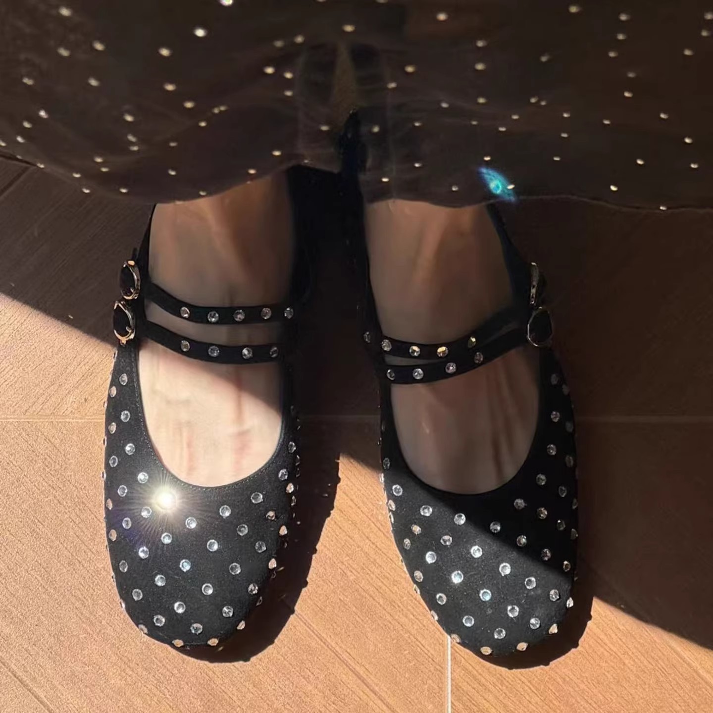 Rhinestone Round-Toe Mary Jane Leather Shoes for Women, 2025 Autumn New French-Style Flat Ballet Shoes with Hidden Heel and Shallow Mouth