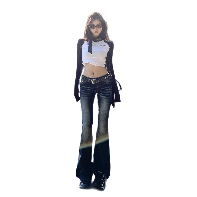 辣妹美式复古低腰微喇叭牛仔裤女2025春秋新款弹力修身显瘦马蹄裤|undefined