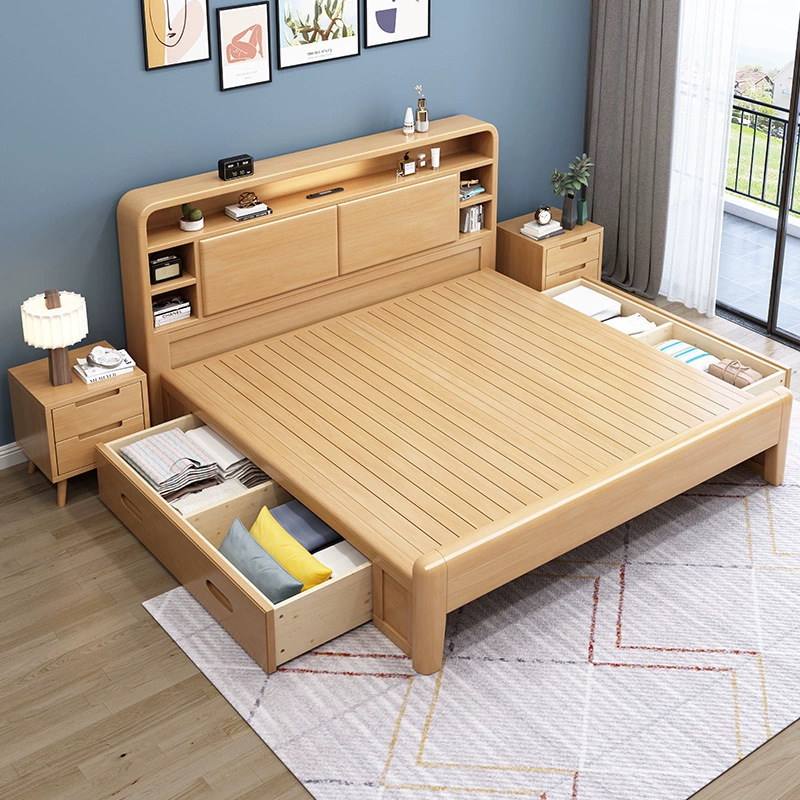 Cama de madera maciza nórdica 1,8 cama suave con luz de noche cama doble 1,5 m moderno simple pequeño apartamento dormitorio cama de almacenamiento