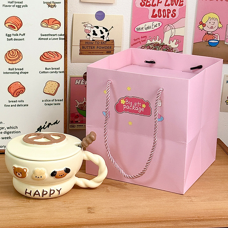 Taza de cerámica Taza de agua para el hogar Taza con tapa Cuchara Regalo de cumpleaños creativo Taza de desayuno femenino Regalo de mano de gran capacidad