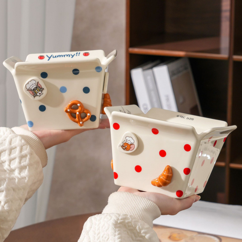 Gato y ratón tazón de cerámica doméstico nuevo tazón de ensalada de alto valor cuadrado dormitorio encantador regalo de papas fritas tazón de porcelana