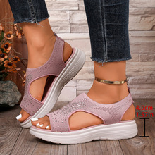 2025季欧美跨境厚底水钻飞织休闲女士凉鞋大码现货外贸
