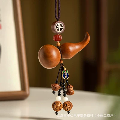 Natural peach wood gourd car pendant for safety, lotus car decoration, high-end charm for scenic spots and temples, blessing gift (Car hanging) - lu-lu-tongpeaceful-peach-wood-gourd