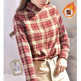磨毛格子加绒打底衫女新款荷叶领保暖衬衫长袖内搭洋气上衣外套