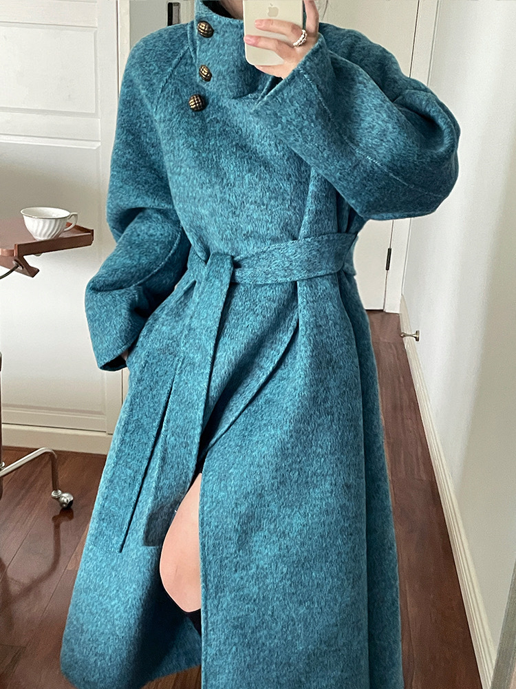 Lanyu Bay 2025 Long-Sleeved New Stand-Up Collar Double-Sided Wool Outwear Women's Long Lace-Up Cashmere Outwear