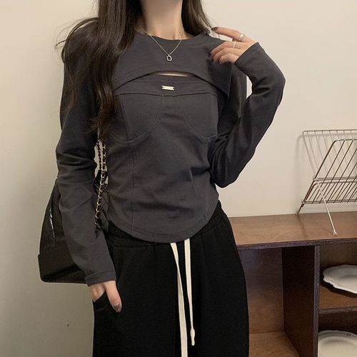 Age-defying versatile pure desire niche long-sleeved round-neck early autumn short-sleeve women's innerwear two-piece faux wrap-inset Instagram trending base shirt