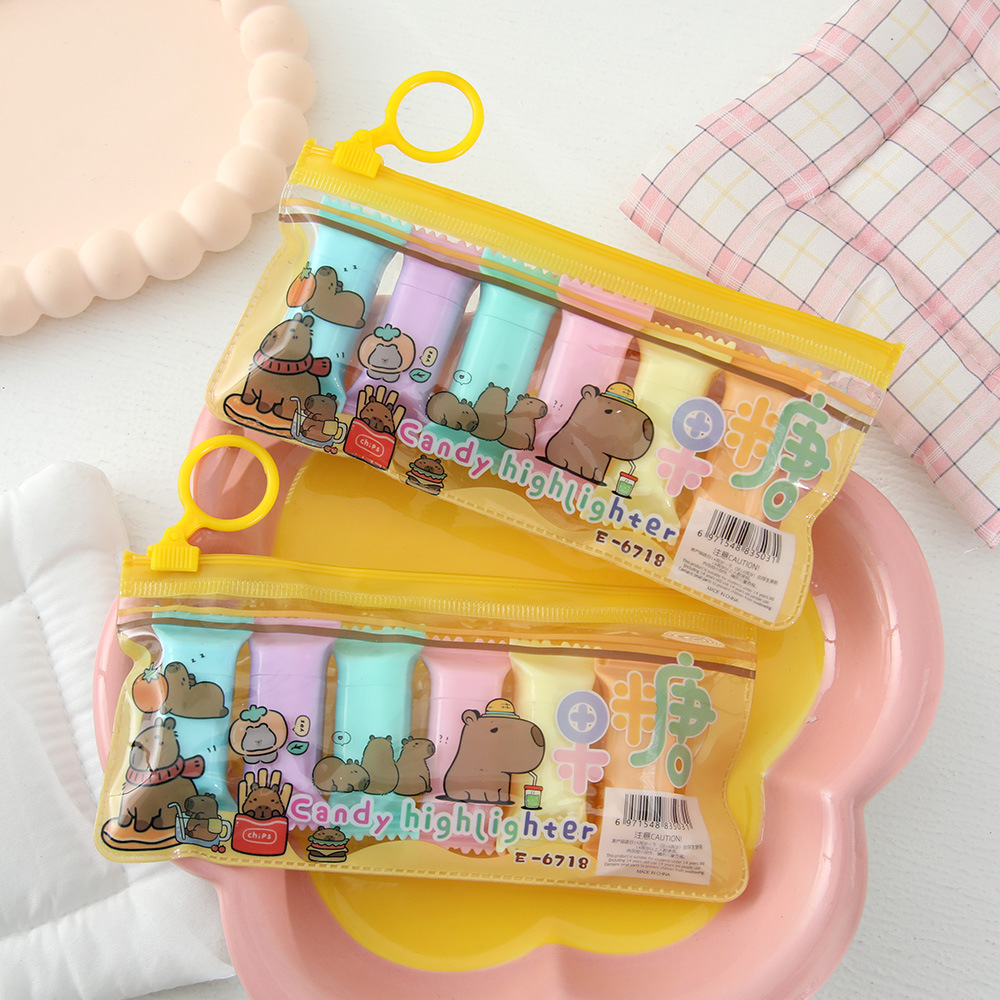 Lindo iluminador de acuarela de conejillo de indias estudiante diagonal marcador clave marcador marcador de seis colores bolígrafo de color de alto valor