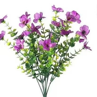 国境を越えた人気の7フォークバイオレットユーカリ造花、模擬花、緑の植物、束の装飾造花、在庫あり|undefined