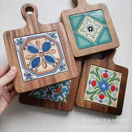 桐木复古餐垫砂锅垫相思木花砖隔热垫煲汤煮茶杯垫带把手防滑垫