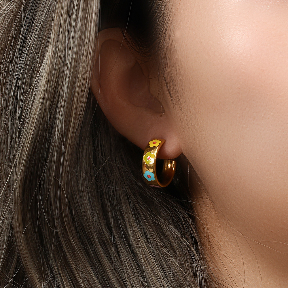 Lady Heart Shape Flower Stainless Steel Earrings Enamel Stainless Steel Earrings