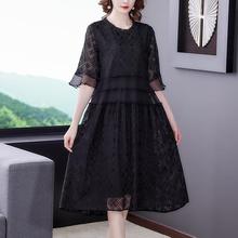 高品质大码遮肉减龄妈妈夏装蕾丝拼接宽松腰真丝连衣裙中老年女装