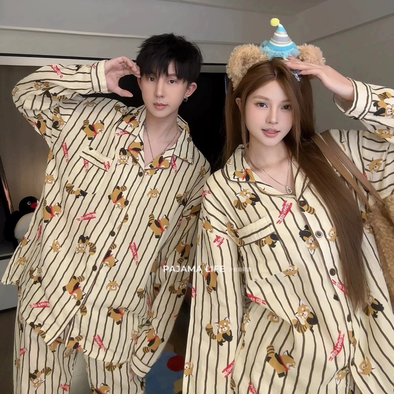 [Tinker Bell] Пижамы для пар, женские весенне-осенние брюки с длинными рукавами и брюками, мужская домашняя одежда с рисунком маленького енота, два комплекта