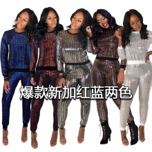 Y122 欧美夜店女装批发 亚马逊 性感亮片长袖多色套装 S-2XL多码
