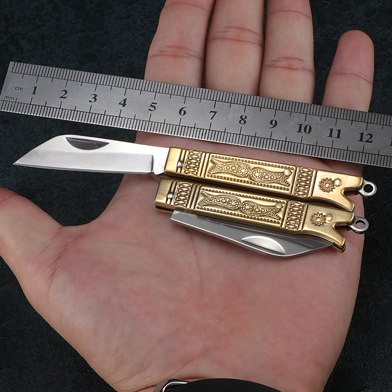黄铜柄小刀钥匙扣精美小刀具迷你折叠刀家用小折刀户外随身水果刀