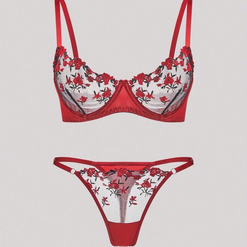 Cross-Border European and American Sexy Lingerie Mesh Red Velvet Rose Embroidery Steel Ring Push-Up Bra Pure Desire Underwear Set for Women