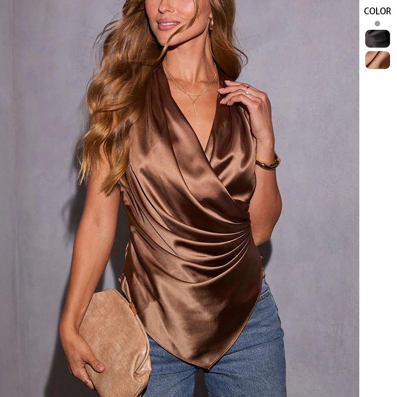 Comercio exterior real de verano de ropa de mujer nueva camisa de satén de alta calidad camisa de seda de seda de color de seda chaleco caliente