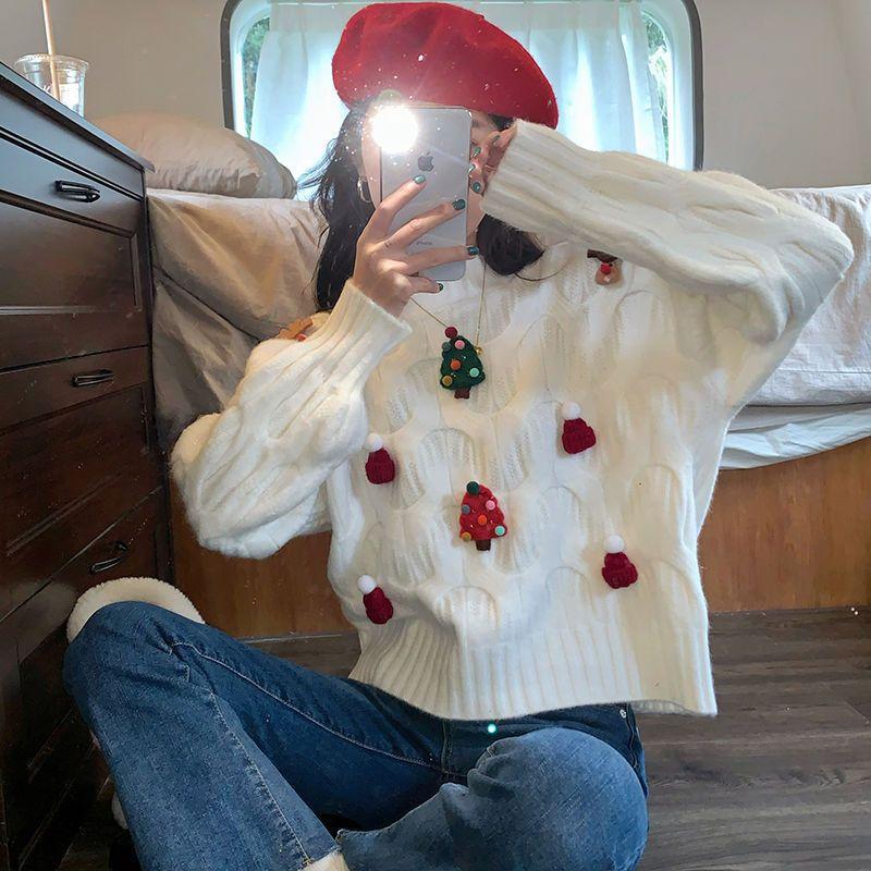 Suéter de punto holgado y versátil de estilo informal para mujer, con diseño navideño rojo, que rejuvenece, novedad de otoño e invierno de 2024