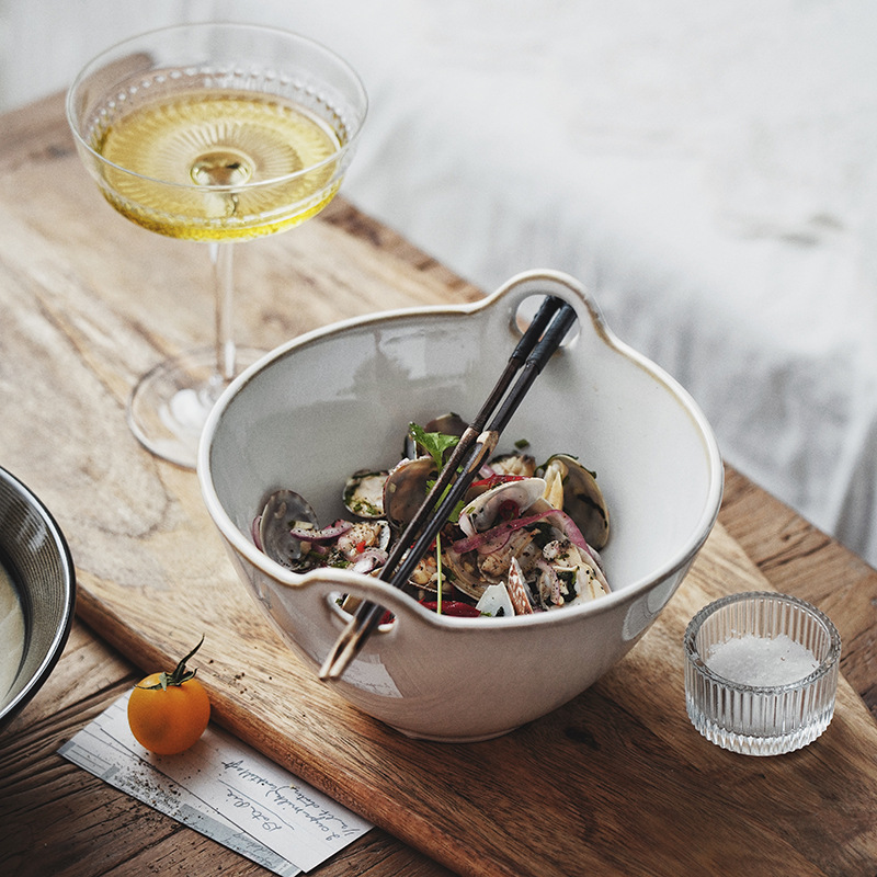 Horno de estilo nórdico, vajilla de cerámica vidriada, restaurante, ensalada de frutas para el hogar, tazón de sopa de dos orejas, tazón de ramen, tazón de arroz grande