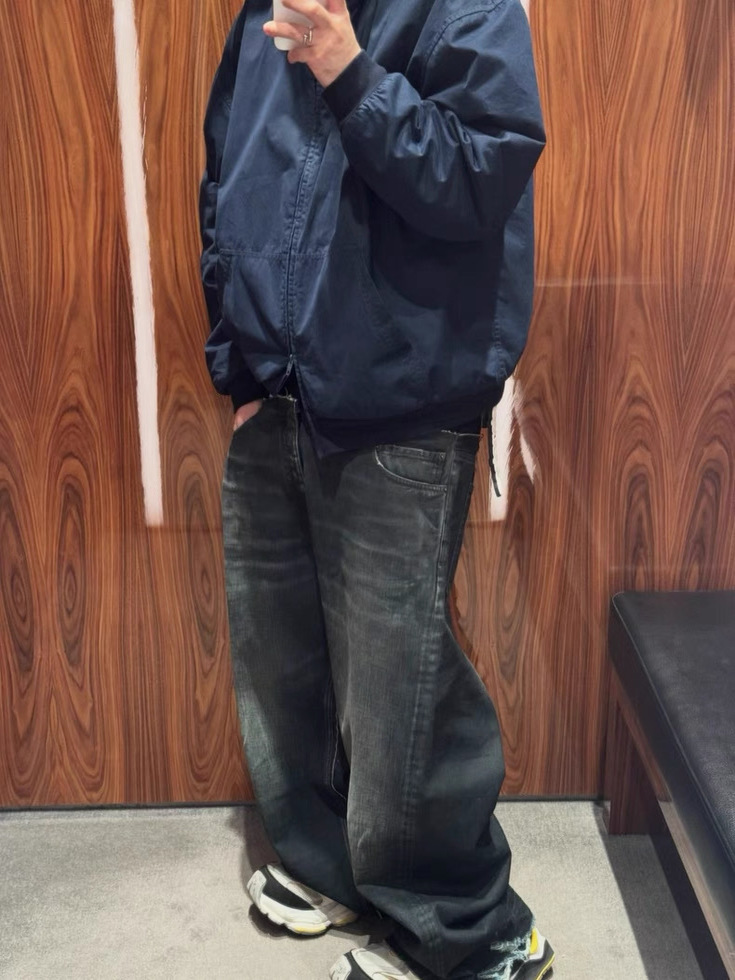 Alta carga 25ss nuevo estilo de resina de la industria pesada más barro teñido arrugado bigote de gato pierna ancha negro azul costuras pantalones de mezclilla para hombres y mujeres marea