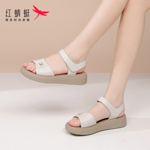 红蜻蜓夏季平底软底厚底女士凉鞋女款2025新款外穿真皮妈妈不累脚