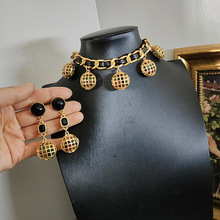 vintage中古碎钻鸟笼素金球球绿色琉璃串珠长款多层项链耳环