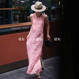 夏季高奢时尚真丝双绉印花圆领侧开叉无袖连衣裙