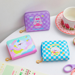 韓版少女卡通棋盤格短款錢包可愛小兔多卡位卡包學生硬幣零錢包