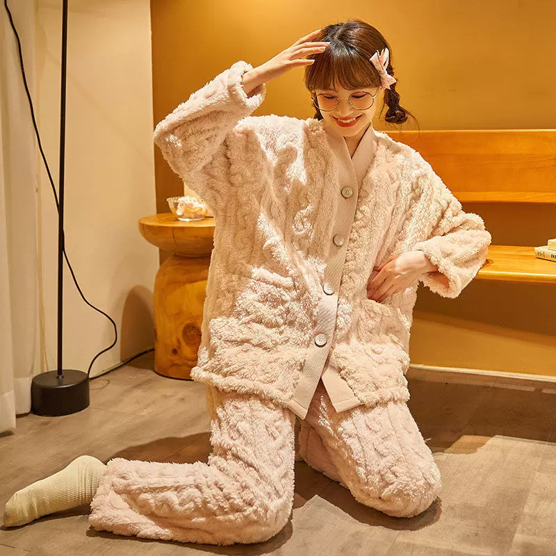 2025新款珊瑚绒睡衣女加厚舒棉绒开衫简约仙女风家居服套装可外穿