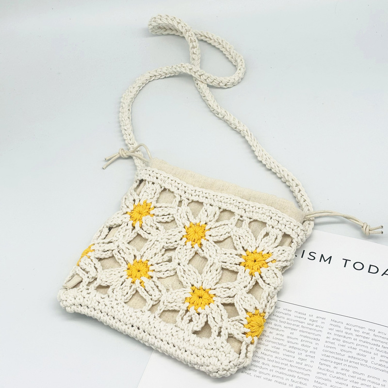 Daisy ZA New Cotton Crochet Shoulder Bag Flower Children's Bag Fresh Women's Mobile Phone Bag Crossbody Woven Bag