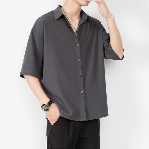 Short-sleeve shirt for men, loose iron-free collarless jacket, half-sleeve Hong Kong-style drape coat, cool rebel men's top, summer thin version