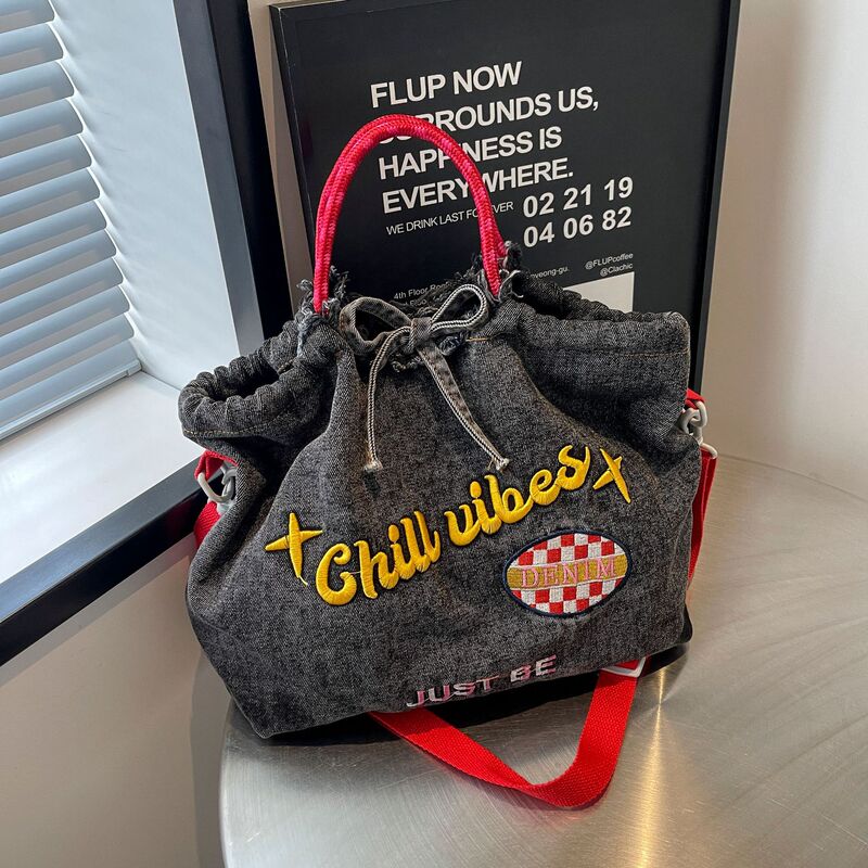 日本と韓国のデニム刺繍ボールチェーンポータブルトートバッグ大容量ショルダーバッグカジュアル通勤クロスボディバッグ|undefined