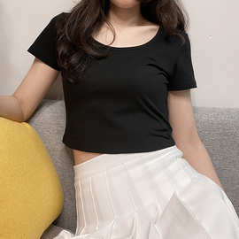【纯棉U领露肚脐短款】t恤女夏短袖紧身显瘦收腰舞蹈上衣外贸批发