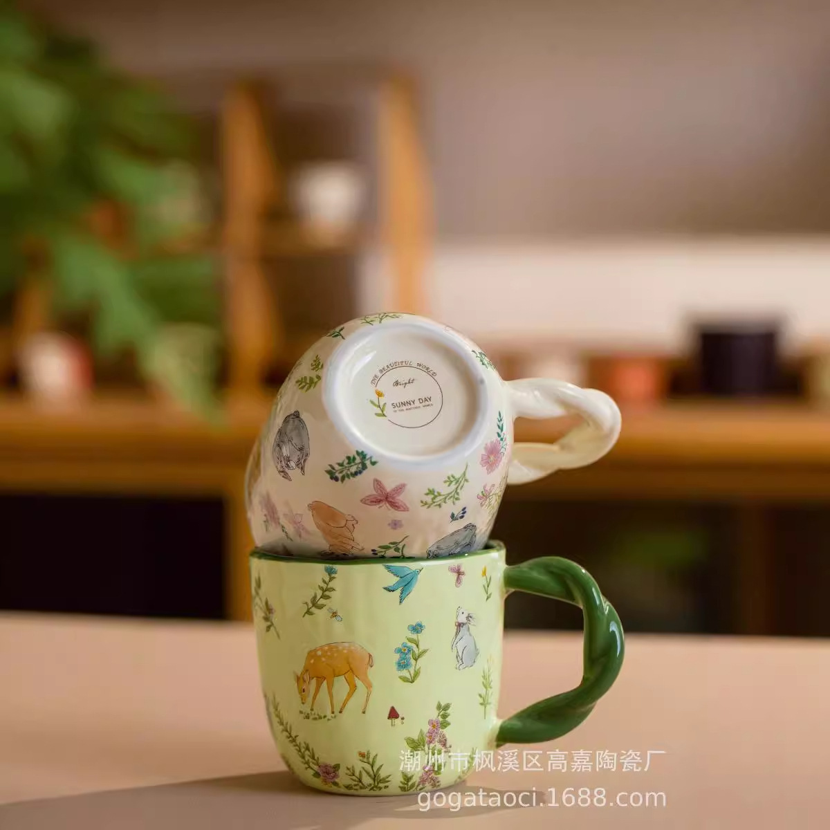 Tejido de madera taza de cerámica doméstica de oficina creativa manipulación de dibujos animados taza de agua taza de café de leche