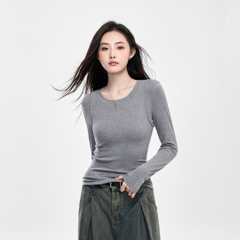 25 New Skin-Fribottomly Slimming Look Long-Sleeved Design T-Shirt for Women with Threaded Pure Color Bottoming Shirt for Women