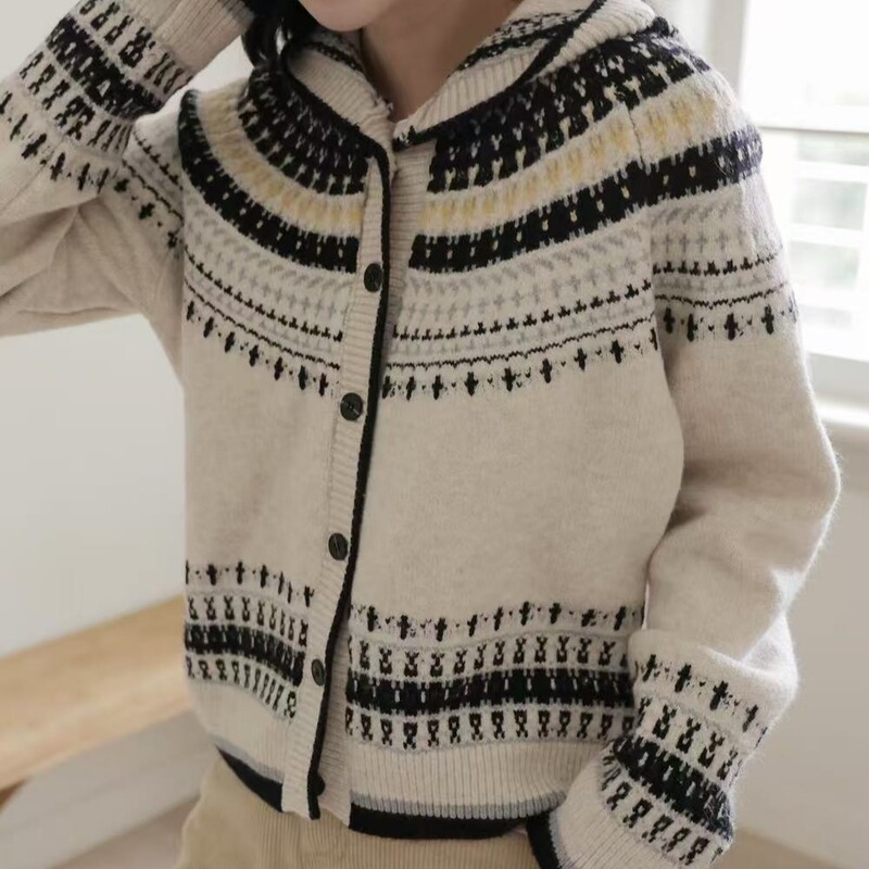 Lazy Style Retro Jacquard Hooded Sweater Jacket for Women Spring Large Size Fat mm Loose Slimming Look Knitted Cardigan Top