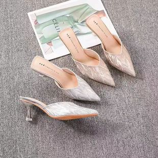 Spring and Summer 2024 New Foreign Trade French Style Half Slippers Baotou Sandals High-heeled Slippers Women's Thin-heeled Pointed Cross-border Trade