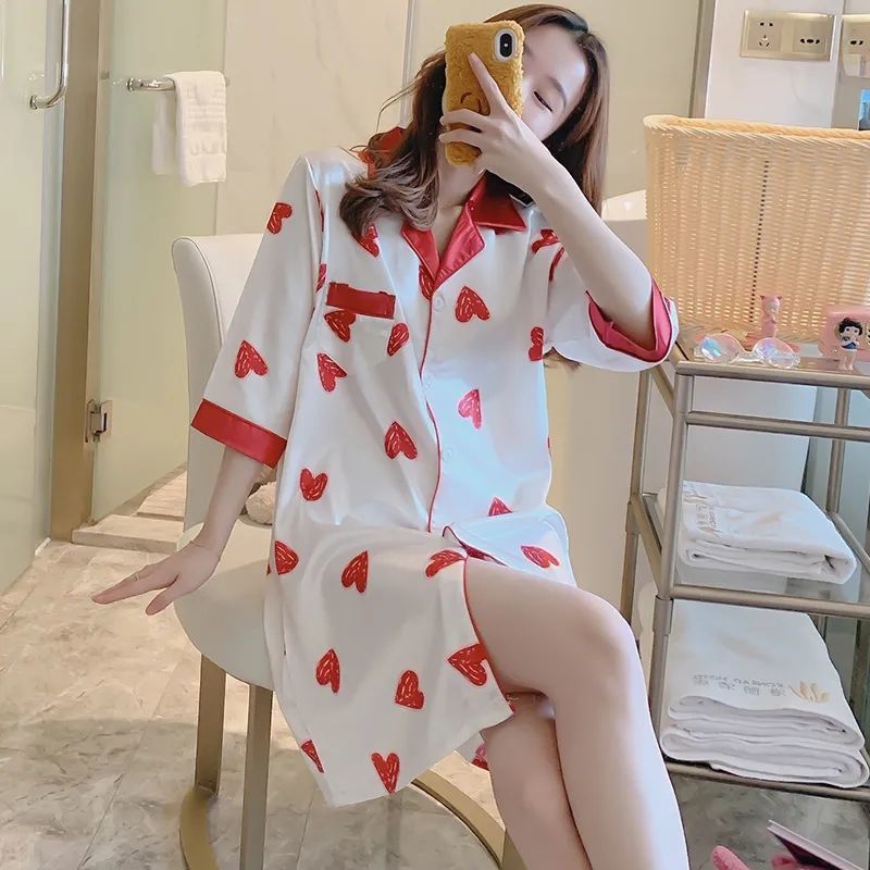 2024 nuevo pijama de seda de hielo mujeres de verano cardigan de manga corta pijama largo medio delgado sexy ropa de hogar suelta