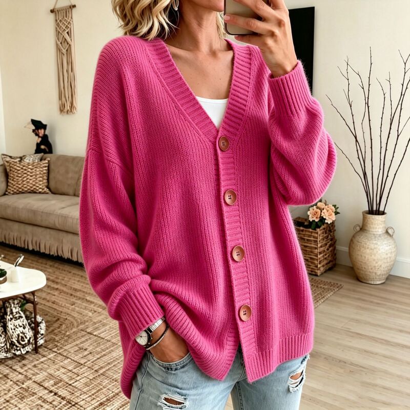 European and American style buttoned V-neck knitted cardigan sweater for women, new autumn and winter cross-border solid color casual fashion women's sweater