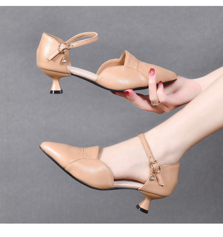 Xăng đan nữ mũi nhọn da thật quai ngang gót nhỏ 3 cm — Gót đen cao 3 cm chi tiết 5
