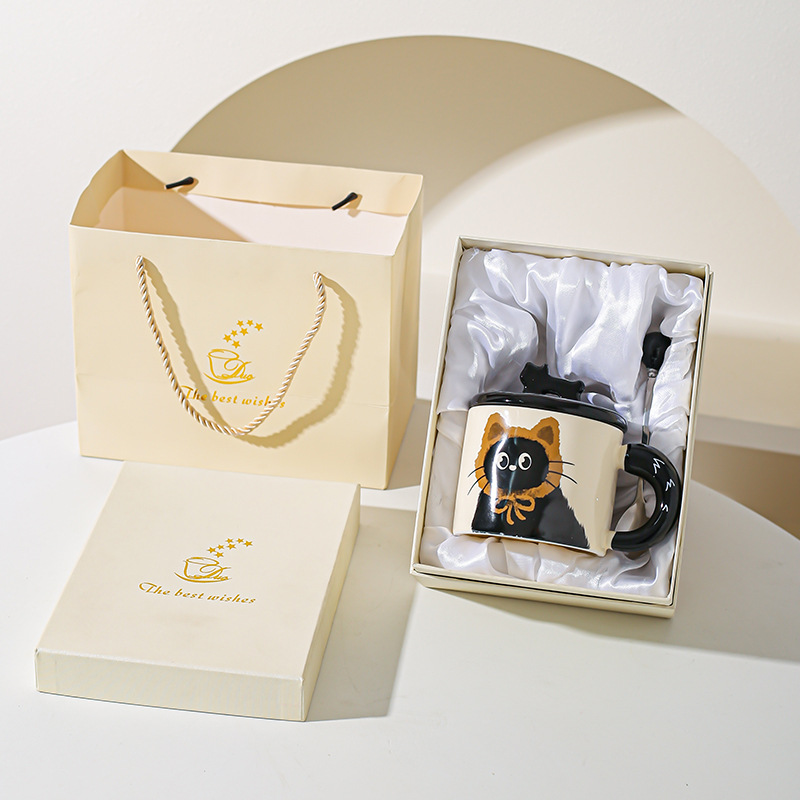 Cute gato gato taza de oficina taza de cerámica con taza de agua cubierta regalo pareja acompañante caja de regalo creativa de cumpleaños