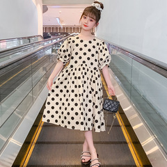 女童夏季圓點連衣裙波點泡泡袖全棉裙中大童純棉波點韓版肥寬海邊