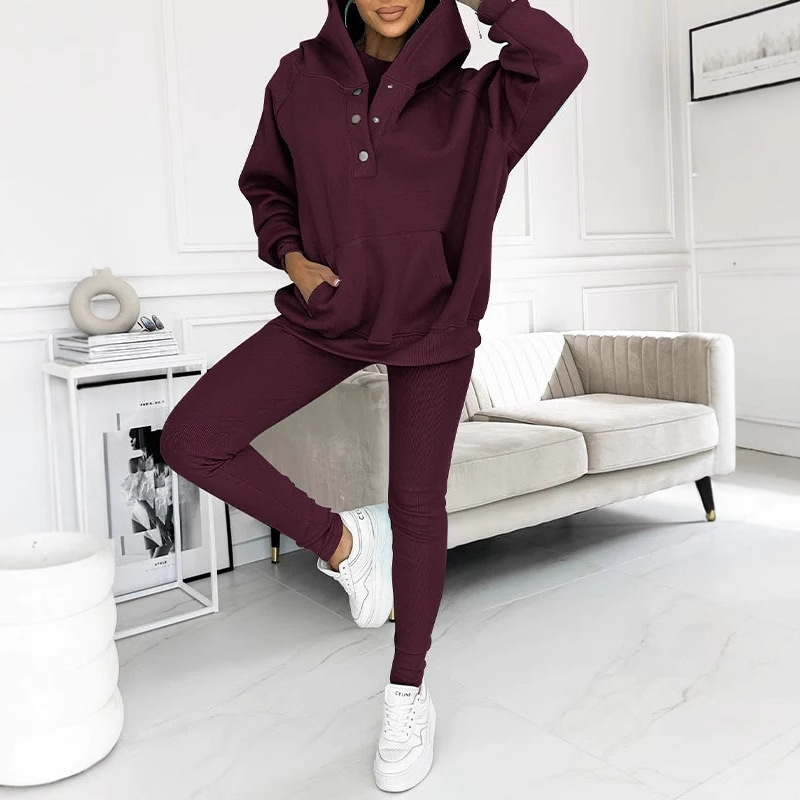 2025 European and American Clothing Amazon Independent Station Pure Color Hooded Long-Sleeved Sweatshirt Button Jacket + Sweatpants Leggings