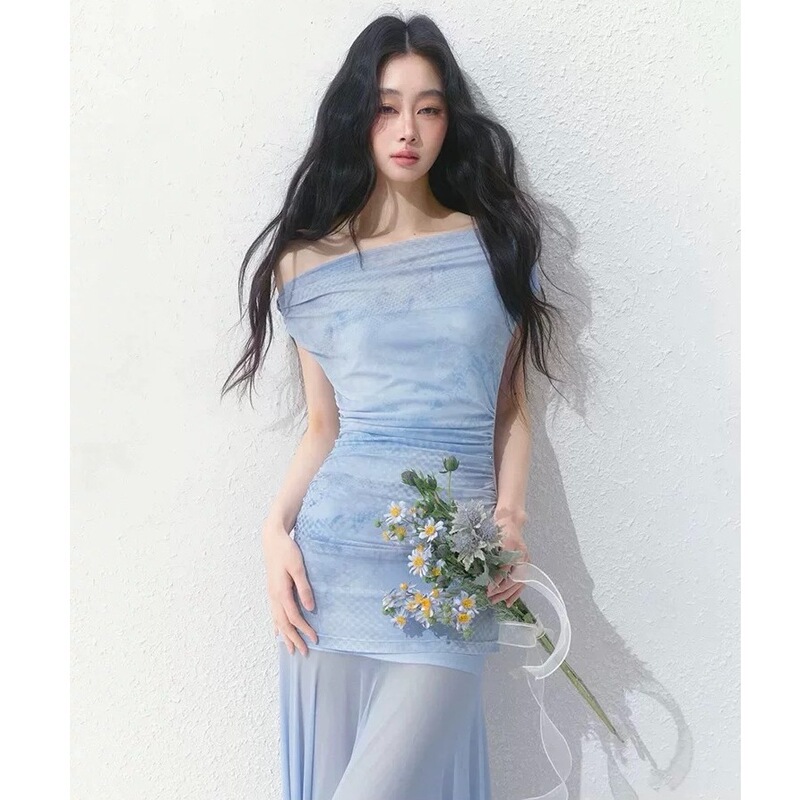 French-Style Blue Tie-Dye One-Shoulder Dress Summer 2026 Stunning Patchwork Slim-Fit Mesh Set with Waist Cinching