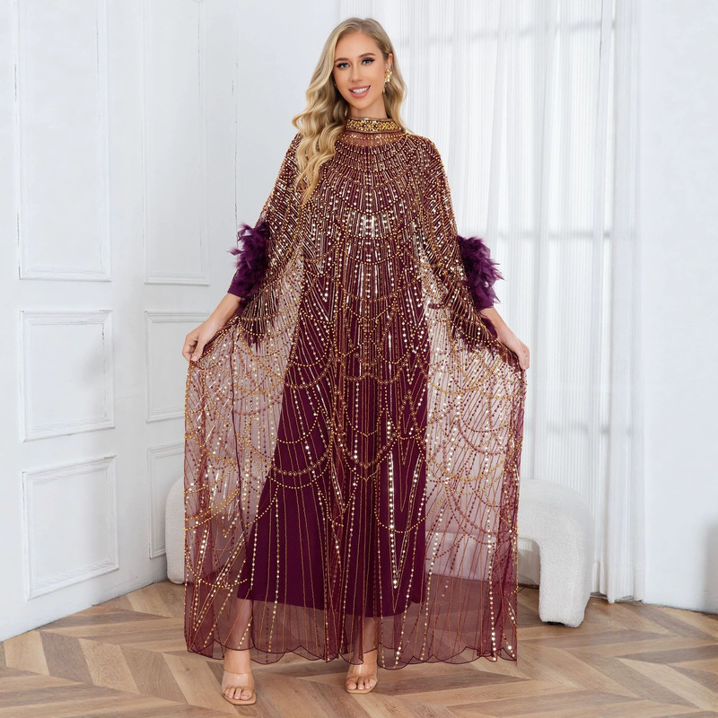 Sequin Dress for Women, Ethnic Style, Fashionable, Plus Size, High Collar, Beaded, Sleeveless, Long Gown, Foreign Trade, Cross-Border
