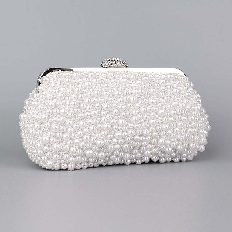 White Pu Leather Polyester Solid Color Pearls Shell Clutch Evening Bag display picture 2