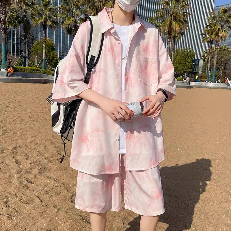 Hawaiian Flower Shirt Casual suit Men's Summer Thin Ice Silk plus size Short-sleeved Shirt Shorts Seaside Two-piece Set