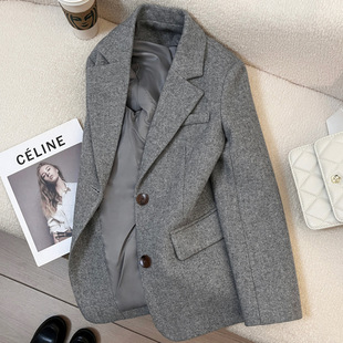 NUNBAI Grey Herringbone Woolen Suit Jacket Women's New Autumn and Winter Petite Retro Commuting Casual Top