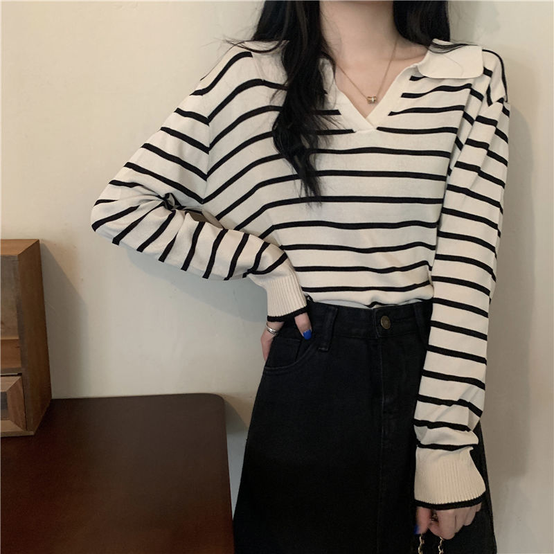 2022 New Style Striped V-Neck Design Long-Sleeved Knitwear Women's Spring and Autumn Thin Ice Silk Stylist Top 2022 New Style Striped V-Neck Design Long-Sleeved Knitwear Women's Spring and Autumn Thin Ice Silk Stylist Top
