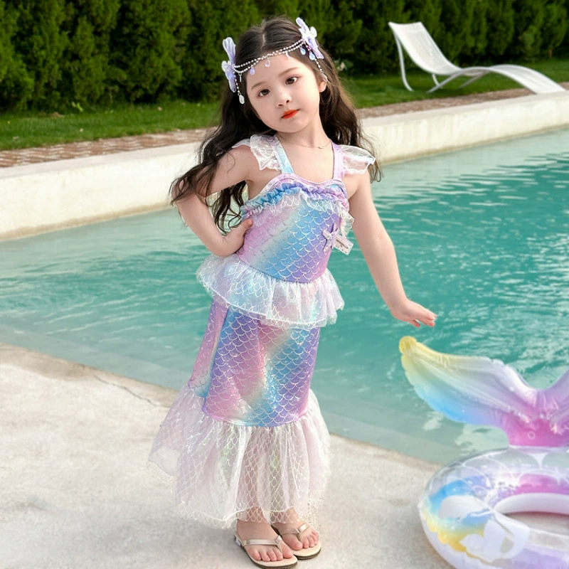 Купальник русалки для девочек, летняя юбка с рыбьим хвостом, детский купальник, пляжный комплект бикини принцессы для девочек